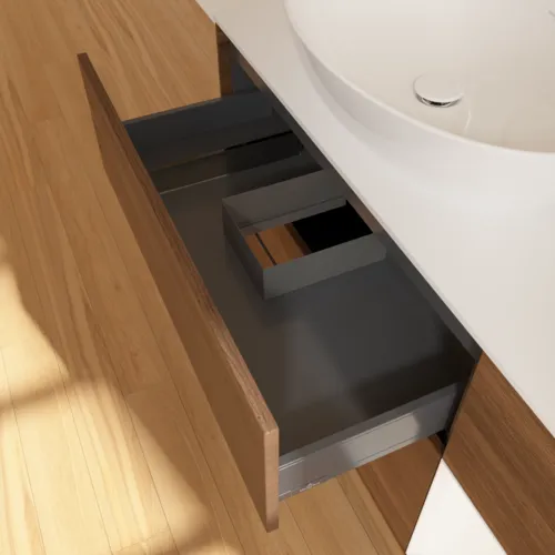 Bild von VILLEROY BOCH Finion Waschbeckenunterschrank, mit Beleuchtung, 3 Auszüge, 1200 x 603 x 501 mm, Walnut Veneer / White Matt Lacquer / Glass White Matt #F931MTGN