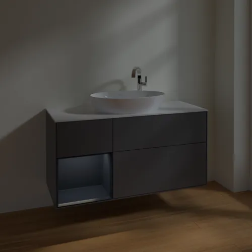 Bild von VILLEROY BOCH Finion Waschbeckenunterschrank, mit Beleuchtung, 3 Auszüge, 1200 x 603 x 501 mm, Anthracite Matt Lacquer / Midnight Blue Matt Lacquer / Glass White Matt #F941HGGK