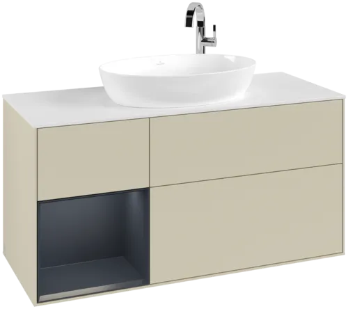 Bild von VILLEROY BOCH Finion Waschbeckenunterschrank, mit Beleuchtung, 3 Auszüge, 1200 x 603 x 501 mm, Silk Grey Matt Lacquer / Midnight Blue Matt Lacquer / Glass White Matt #F941HGHJ
