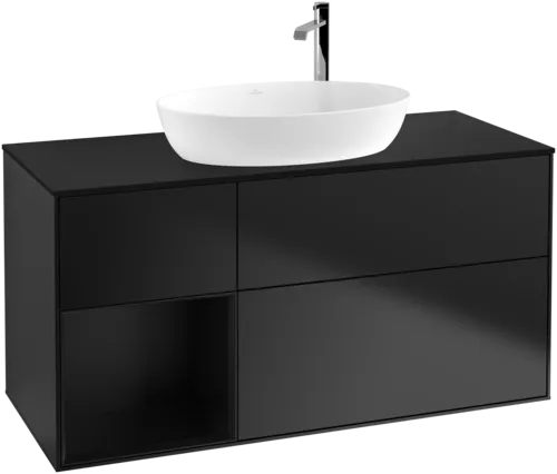 Bild von VILLEROY BOCH Finion Waschbeckenunterschrank, mit Beleuchtung, 3 Auszüge, 1200 x 603 x 501 mm, Black Matt Lacquer / Black Matt Lacquer / Glass Black Matt #F942PDPD