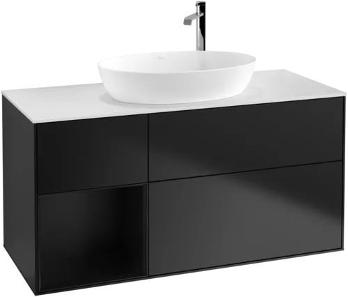 Bild von VILLEROY BOCH Finion Waschbeckenunterschrank, mit Beleuchtung, 3 Auszüge, 1200 x 603 x 501 mm, Black Matt Lacquer / Black Matt Lacquer / Glass White Matt #F941PDPD