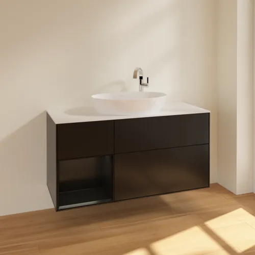 Bild von VILLEROY BOCH Finion Waschbeckenunterschrank, mit Beleuchtung, 3 Auszüge, 1200 x 603 x 501 mm, Black Matt Lacquer / Black Matt Lacquer / Glass White Matt #F941PDPD