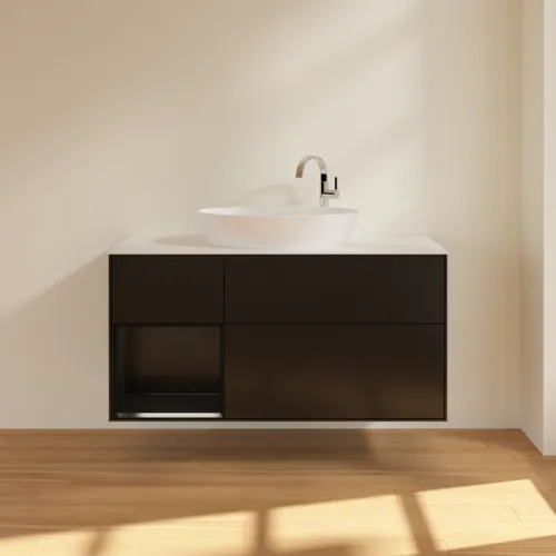 Bild von VILLEROY BOCH Finion Waschbeckenunterschrank, mit Beleuchtung, 3 Auszüge, 1200 x 603 x 501 mm, Black Matt Lacquer / Black Matt Lacquer / Glass White Matt #F941PDPD
