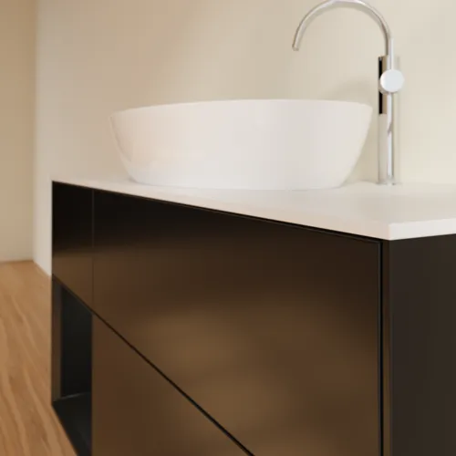 Bild von VILLEROY BOCH Finion Waschbeckenunterschrank, mit Beleuchtung, 3 Auszüge, 1200 x 603 x 501 mm, Black Matt Lacquer / Black Matt Lacquer / Glass White Matt #F941PDPD