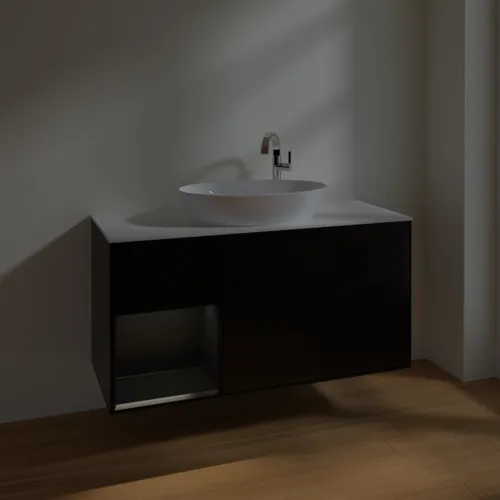 Bild von VILLEROY BOCH Finion Waschbeckenunterschrank, mit Beleuchtung, 3 Auszüge, 1200 x 603 x 501 mm, Black Matt Lacquer / Black Matt Lacquer / Glass White Matt #F941PDPD