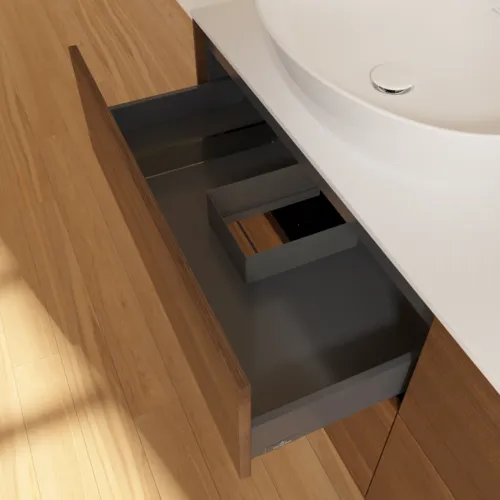 Bild von VILLEROY BOCH Finion Waschbeckenunterschrank, 4 Auszüge, 1600 x 603 x 501 mm, Walnut Veneer / Glass White Matt #F96100GN
