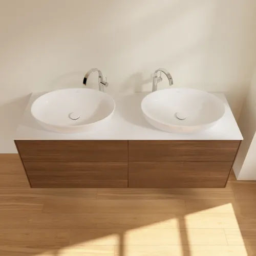 Bild von VILLEROY BOCH Finion Waschbeckenunterschrank, 4 Auszüge, 1600 x 603 x 501 mm, Walnut Veneer / Glass White Matt #F96100GN