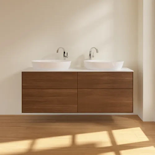 Bild von VILLEROY BOCH Finion Waschbeckenunterschrank, 4 Auszüge, 1600 x 603 x 501 mm, Walnut Veneer / Glass White Matt #F96100GN
