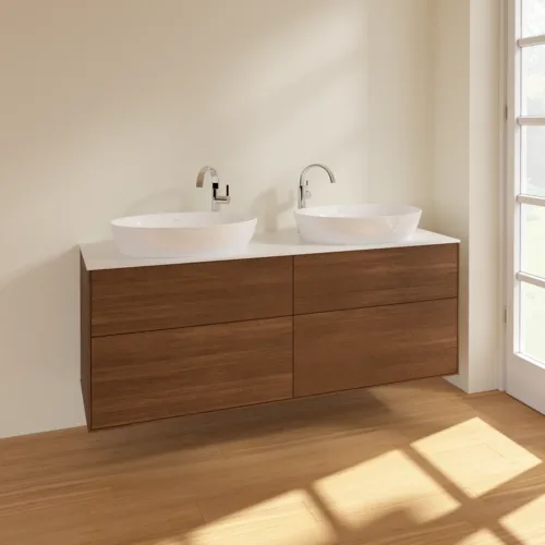 Bild von VILLEROY BOCH Finion Waschbeckenunterschrank, 4 Auszüge, 1600 x 603 x 501 mm, Walnut Veneer / Glass White Matt #F96100GN