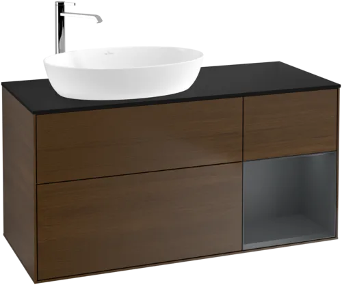 Bild von VILLEROY BOCH Finion Waschbeckenunterschrank, mit Beleuchtung, 3 Auszüge, 1200 x 603 x 501 mm, Walnut Veneer / Midnight Blue Matt Lacquer / Glass Black Matt #F932HGGN