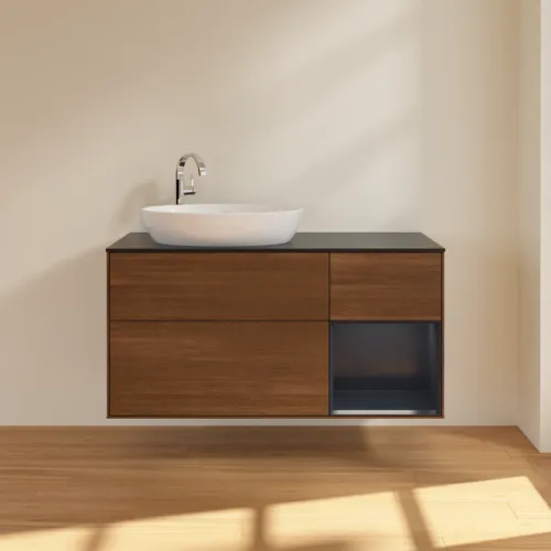 Bild von VILLEROY BOCH Finion Waschbeckenunterschrank, mit Beleuchtung, 3 Auszüge, 1200 x 603 x 501 mm, Walnut Veneer / Midnight Blue Matt Lacquer / Glass Black Matt #F932HGGN