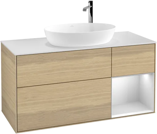 Bild von VILLEROY BOCH Finion Waschbeckenunterschrank, mit Beleuchtung, 3 Auszüge, 1200 x 603 x 501 mm, Oak Veneer / White Matt Lacquer / Glass White Matt #F951MTPC