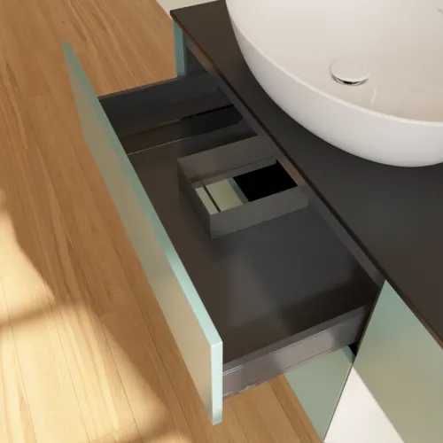 Bild von VILLEROY BOCH Finion Waschbeckenunterschrank, mit Beleuchtung, 3 Auszüge, 1200 x 603 x 501 mm, Olive Matt Lacquer / Glossy White Lacquer / Glass Black Matt #F932GFGM