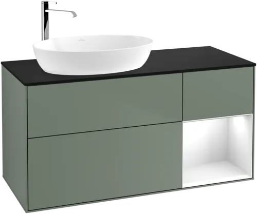 Bild von VILLEROY BOCH Finion Waschbeckenunterschrank, mit Beleuchtung, 3 Auszüge, 1200 x 603 x 501 mm, Olive Matt Lacquer / Glossy White Lacquer / Glass Black Matt #F932GFGM