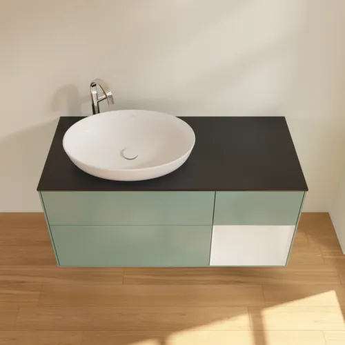 Bild von VILLEROY BOCH Finion Waschbeckenunterschrank, mit Beleuchtung, 3 Auszüge, 1200 x 603 x 501 mm, Olive Matt Lacquer / Glossy White Lacquer / Glass Black Matt #F932GFGM