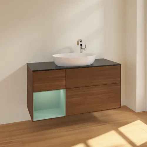 Picture of VILLEROY BOCH Finion Vanity unit, with lighting, 3 pull-out compartments, 1200 x 603 x 501 mm, Walnut Veneer / Olive Matt Lacquer / Glass Black Matt #F942GMGN