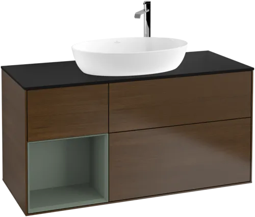 Bild von VILLEROY BOCH Finion Waschbeckenunterschrank, mit Beleuchtung, 3 Auszüge, 1200 x 603 x 501 mm, Walnut Veneer / Olive Matt Lacquer / Glass Black Matt #F942GMGN