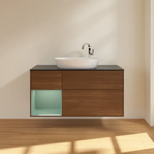 Picture of VILLEROY BOCH Finion Vanity unit, with lighting, 3 pull-out compartments, 1200 x 603 x 501 mm, Walnut Veneer / Olive Matt Lacquer / Glass Black Matt #F942GMGN