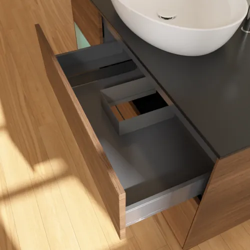 Picture of VILLEROY BOCH Finion Vanity unit, with lighting, 3 pull-out compartments, 1200 x 603 x 501 mm, Walnut Veneer / Olive Matt Lacquer / Glass Black Matt #F942GMGN