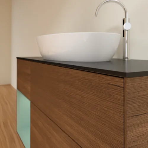 Picture of VILLEROY BOCH Finion Vanity unit, with lighting, 3 pull-out compartments, 1200 x 603 x 501 mm, Walnut Veneer / Olive Matt Lacquer / Glass Black Matt #F942GMGN