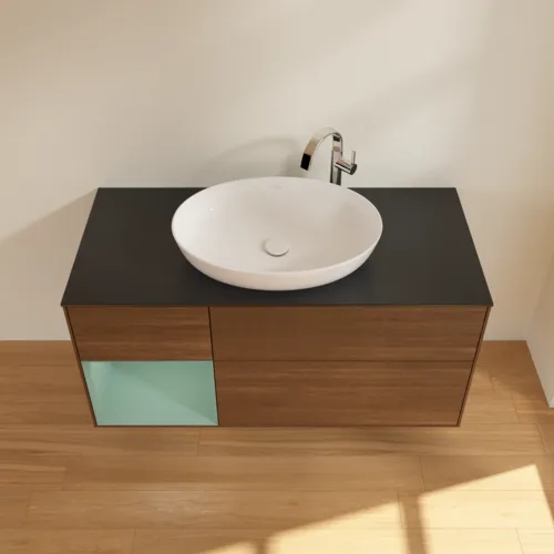 Picture of VILLEROY BOCH Finion Vanity unit, with lighting, 3 pull-out compartments, 1200 x 603 x 501 mm, Walnut Veneer / Olive Matt Lacquer / Glass Black Matt #F942GMGN