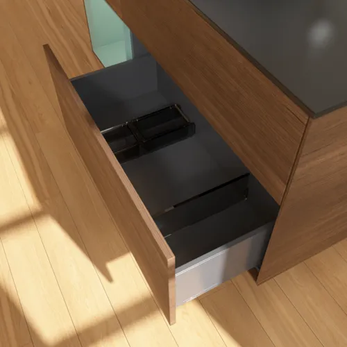 Picture of VILLEROY BOCH Finion Vanity unit, with lighting, 3 pull-out compartments, 1200 x 603 x 501 mm, Walnut Veneer / Olive Matt Lacquer / Glass Black Matt #F942GMGN