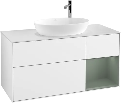 Bild von VILLEROY BOCH Finion Waschbeckenunterschrank, mit Beleuchtung, 3 Auszüge, 1200 x 603 x 501 mm, Glossy White Lacquer / Olive Matt Lacquer / Glass White Matt #F951GMGF