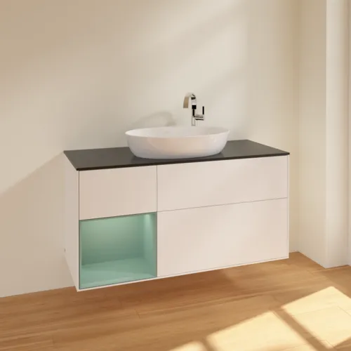 Bild von VILLEROY BOCH Finion Waschbeckenunterschrank, mit Beleuchtung, 3 Auszüge, 1200 x 603 x 501 mm, White Matt Lacquer / Olive Matt Lacquer / Glass Black Matt #F942GMMT