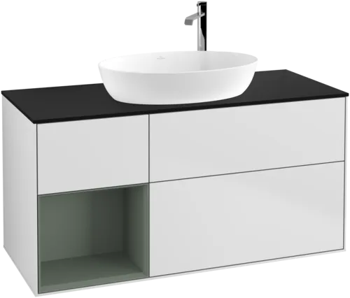 Bild von VILLEROY BOCH Finion Waschbeckenunterschrank, mit Beleuchtung, 3 Auszüge, 1200 x 603 x 501 mm, White Matt Lacquer / Olive Matt Lacquer / Glass Black Matt #F942GMMT