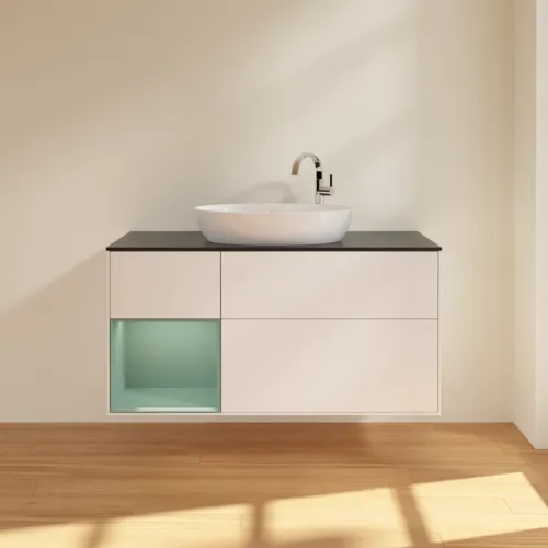 Bild von VILLEROY BOCH Finion Waschbeckenunterschrank, mit Beleuchtung, 3 Auszüge, 1200 x 603 x 501 mm, White Matt Lacquer / Olive Matt Lacquer / Glass Black Matt #F942GMMT