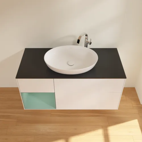 Bild von VILLEROY BOCH Finion Waschbeckenunterschrank, mit Beleuchtung, 3 Auszüge, 1200 x 603 x 501 mm, White Matt Lacquer / Olive Matt Lacquer / Glass Black Matt #F942GMMT