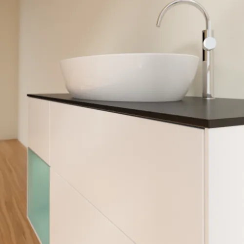 Bild von VILLEROY BOCH Finion Waschbeckenunterschrank, mit Beleuchtung, 3 Auszüge, 1200 x 603 x 501 mm, White Matt Lacquer / Olive Matt Lacquer / Glass Black Matt #F942GMMT