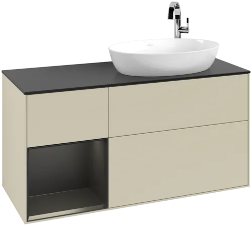 Bild von VILLEROY BOCH Finion Waschbeckenunterschrank, mit Beleuchtung, 3 Auszüge, 1200 x 603 x 501 mm, Silk Grey Matt Lacquer / Black Matt Lacquer / Glass Black Matt #F922PDHJ