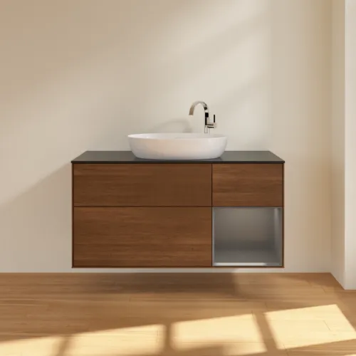 Bild von VILLEROY BOCH Finion Waschbeckenunterschrank, mit Beleuchtung, 3 Auszüge, 1200 x 603 x 501 mm, Walnut Veneer / Anthracite Matt Lacquer / Glass Black Matt #F952GKGN