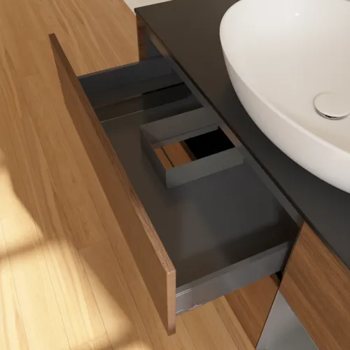 Bild von VILLEROY BOCH Finion Waschbeckenunterschrank, mit Beleuchtung, 3 Auszüge, 1200 x 603 x 501 mm, Walnut Veneer / Anthracite Matt Lacquer / Glass Black Matt #F952GKGN