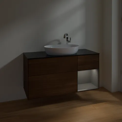 Bild von VILLEROY BOCH Finion Waschbeckenunterschrank, mit Beleuchtung, 3 Auszüge, 1200 x 603 x 501 mm, Walnut Veneer / Anthracite Matt Lacquer / Glass Black Matt #F952GKGN