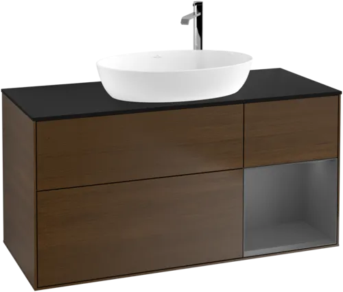 Bild von VILLEROY BOCH Finion Waschbeckenunterschrank, mit Beleuchtung, 3 Auszüge, 1200 x 603 x 501 mm, Walnut Veneer / Anthracite Matt Lacquer / Glass Black Matt #F952GKGN