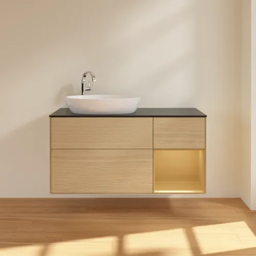 Obrázek VILLEROY BOCH Finion Vanity unit, with lighting, 3 pull-out compartments, 1200 x 603 x 501 mm, Oak Veneer / Gold Matt Lacquer / Glass Black Matt #F932HFPC