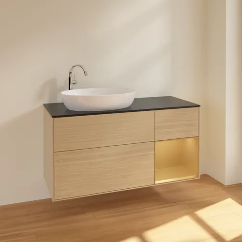 Obrázek VILLEROY BOCH Finion Vanity unit, with lighting, 3 pull-out compartments, 1200 x 603 x 501 mm, Oak Veneer / Gold Matt Lacquer / Glass Black Matt #F932HFPC