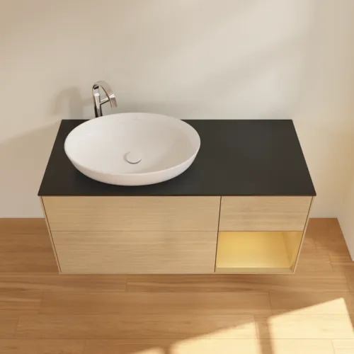Obrázek VILLEROY BOCH Finion Vanity unit, with lighting, 3 pull-out compartments, 1200 x 603 x 501 mm, Oak Veneer / Gold Matt Lacquer / Glass Black Matt #F932HFPC