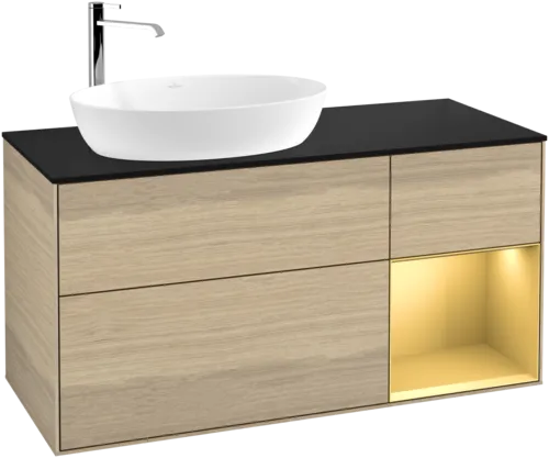 Bild von VILLEROY BOCH Finion Waschbeckenunterschrank, mit Beleuchtung, 3 Auszüge, 1200 x 603 x 501 mm, Oak Veneer / Gold Matt Lacquer / Glass Black Matt #F932HFPC