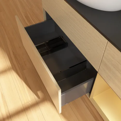 Obrázek VILLEROY BOCH Finion Vanity unit, with lighting, 3 pull-out compartments, 1200 x 603 x 501 mm, Oak Veneer / Gold Matt Lacquer / Glass Black Matt #F932HFPC