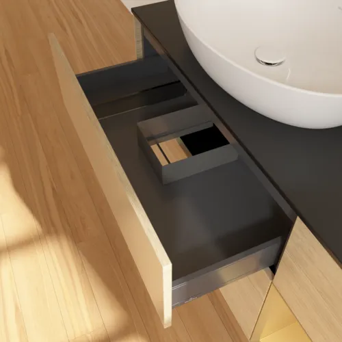 Obrázek VILLEROY BOCH Finion Vanity unit, with lighting, 3 pull-out compartments, 1200 x 603 x 501 mm, Oak Veneer / Gold Matt Lacquer / Glass Black Matt #F932HFPC