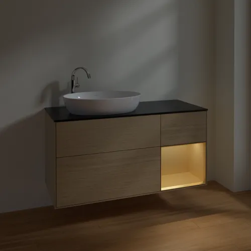 Obrázek VILLEROY BOCH Finion Vanity unit, with lighting, 3 pull-out compartments, 1200 x 603 x 501 mm, Oak Veneer / Gold Matt Lacquer / Glass Black Matt #F932HFPC