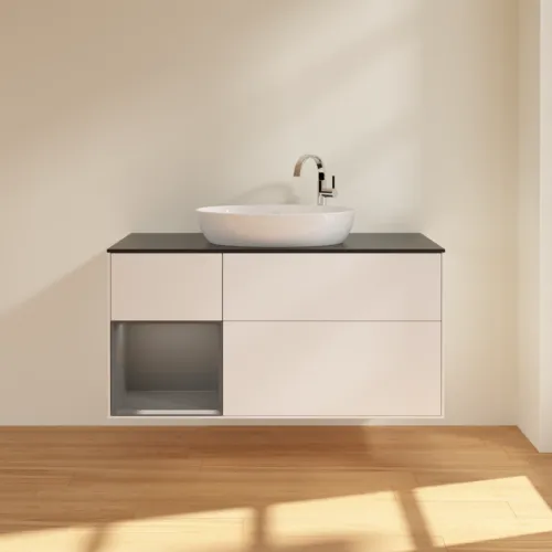 Bild von VILLEROY BOCH Finion Waschbeckenunterschrank, mit Beleuchtung, 3 Auszüge, 1200 x 603 x 501 mm, White Matt Lacquer / Anthracite Matt Lacquer / Glass Black Matt #F942GKMT