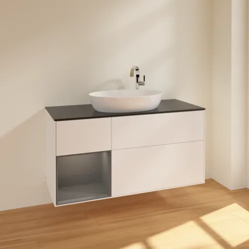 Bild von VILLEROY BOCH Finion Waschbeckenunterschrank, mit Beleuchtung, 3 Auszüge, 1200 x 603 x 501 mm, White Matt Lacquer / Anthracite Matt Lacquer / Glass Black Matt #F942GKMT