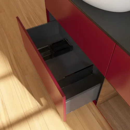 Bild von VILLEROY BOCH Finion Waschbeckenunterschrank, mit Beleuchtung, 3 Auszüge, 1200 x 603 x 501 mm, Peony Matt Lacquer / Walnut Veneer / Glass Black Matt #F932GNHB