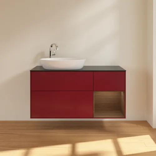 Bild von VILLEROY BOCH Finion Waschbeckenunterschrank, mit Beleuchtung, 3 Auszüge, 1200 x 603 x 501 mm, Peony Matt Lacquer / Walnut Veneer / Glass Black Matt #F932GNHB