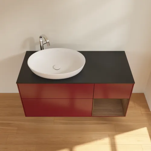 Bild von VILLEROY BOCH Finion Waschbeckenunterschrank, mit Beleuchtung, 3 Auszüge, 1200 x 603 x 501 mm, Peony Matt Lacquer / Walnut Veneer / Glass Black Matt #F932GNHB