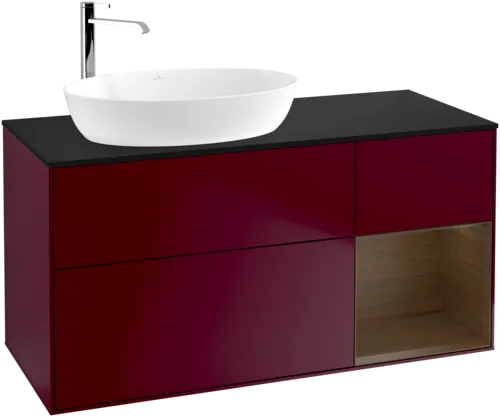 Bild von VILLEROY BOCH Finion Waschbeckenunterschrank, mit Beleuchtung, 3 Auszüge, 1200 x 603 x 501 mm, Peony Matt Lacquer / Walnut Veneer / Glass Black Matt #F932GNHB